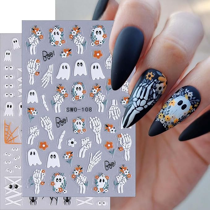 ONPRESS 4Sheet Halloween Nail Stickers Spooky Ghost Face Pumpkin Nail Decals 5D Self Adhesive Nail Spider Cat Flower Bat Bone Hand Star Leaves Relief Nail Art Stickers Nails for Women DIY Manicure