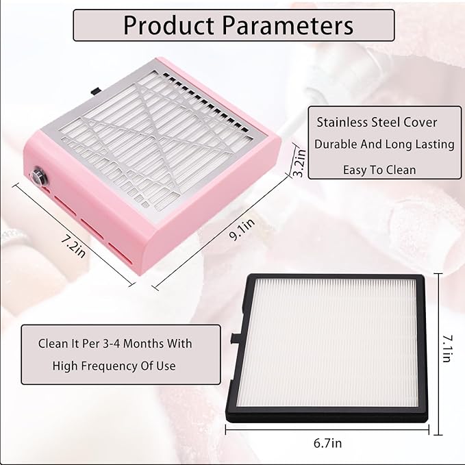 Electric Nail Dust Collector Machine, Nail Vacuum Suction Fan with Reusable Filters, Stainless Steel Nail Dust Cleaner, Dust Extractor Manicure Tool for Acrylic Gel Nail Polishing, Pink