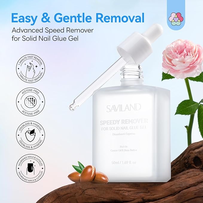 SAVILAND Advanced Nail Glue Remover: 50 ML Solid Nail Glue Gel Remover for Press On Nails Gentle & Easy with Castor Oil VE Gentle Non-Drying Odor-Free Non-Acetone Glue Remover Not for Gel Polish