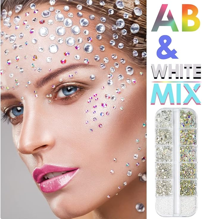 4010pcs AB Crystal Clear Rhinestones, Crystal AB White Flatback Rhinestones for Face Charms, Nail Art Supplies 6 Sizes (1.6-6mm) to SS30 K9 Glass Nail Gems Stones Jewels for Eyes Face Makeup
