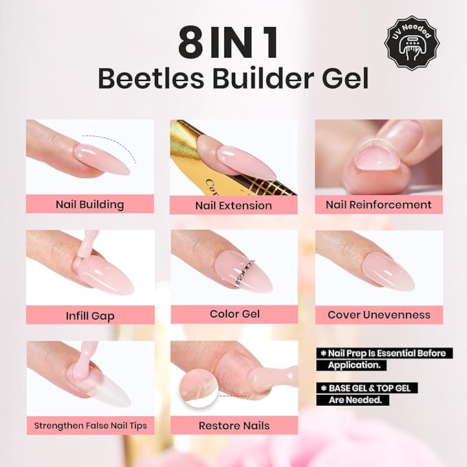 Beetles Builder Gel Set,Soft Nude Whisper 6 Colors 8 in 1 Strengthening Apex Building Nail Extension for Beginners DIY Salon at Home,Nude Builder Nail Gel,UV & LED Lamp Needed