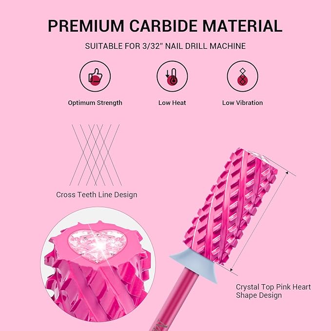 MelodySusie Large Barrel 3/32'' Tungsten Carbide Nail Drill Bit, Crystal Top Pink Heart Shape, Fast Remove Acrylic Gel, Cuticle Gel Polishing for Manicure Pedicure, Pink Blossom, Series Bit-S, 4XC
