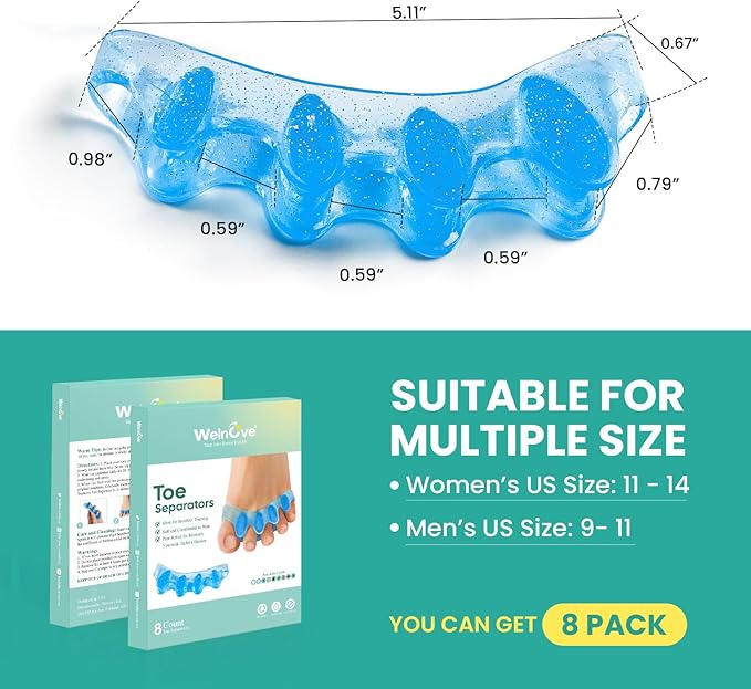 Welnove Toe Separators & Toe Spacers: Bunion Corrector for Women Men, Toe Spacers Toe Stretcher for Nighttime, Yoga Practice (8Pcs, Blue)