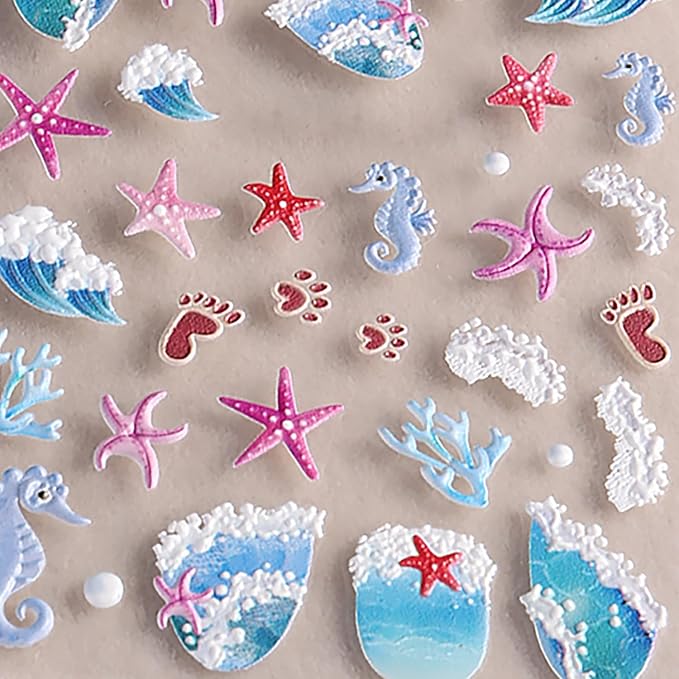 1 Sheets Ocean Style Nail Decals for Nail Art Embossed Coral Seahorse Starfish Nail Art Stickers Summer Beach Nail Stickers 5D Self-Adhesive Sea Waves Nail Decoration for Women Nails Designs