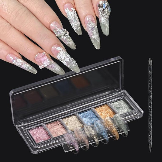 Holographic Mermaid Nail Glitter Foil Sequins 6 Colors Aurora Chameleon Nail Foil Flakes Mud Iridescent Fairy Dust Nail Powder for DIY Paillettes Manicure Nail Art Designs