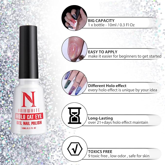 Cat Eye Gel Nail Polish 10ml 1pcs, Holographic Glitter Rainbow Cat Eye Gel Polish with 1Pcs Magnetic Stick for Nail Art Design Soak Off UV LED Magnetic Nail Polish Cat Eye Effect