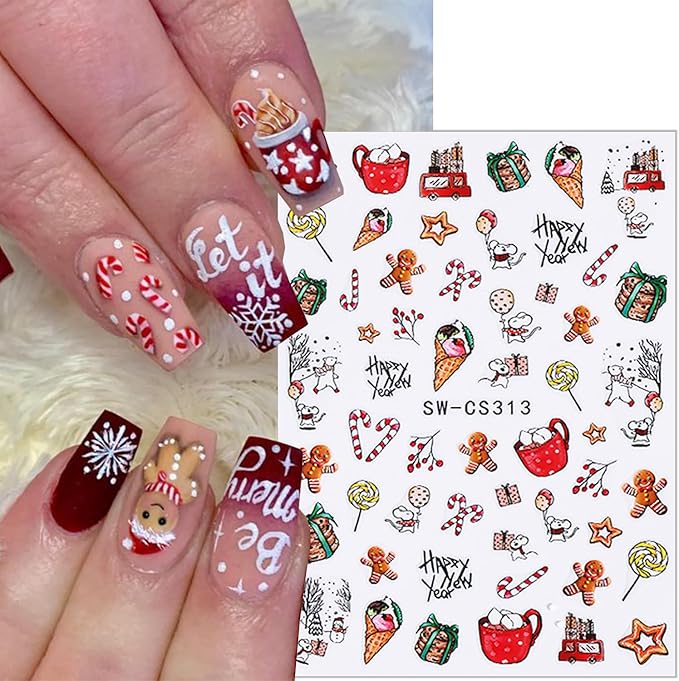 6 Sheets Christmas Nail Stickers for Nail Art Cute Xmas Candy Gingerbread Men Santa Claus Nail Decals 3D Self-Adhesive Bell Christmas Tree Nail Design Winter Snowflake Nail Art Stickers for Women