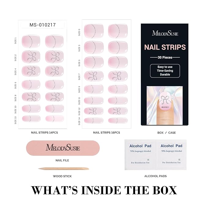 MelodySusie 30PCS Semi Cured Gel Nail Strips (Pink Bow French Tips), Works with Nail lamp, Salon Quality, Long Lasting, Easy to Apply and Remove, Includes 2 Prep Pads, Nail File and Wooden Stick