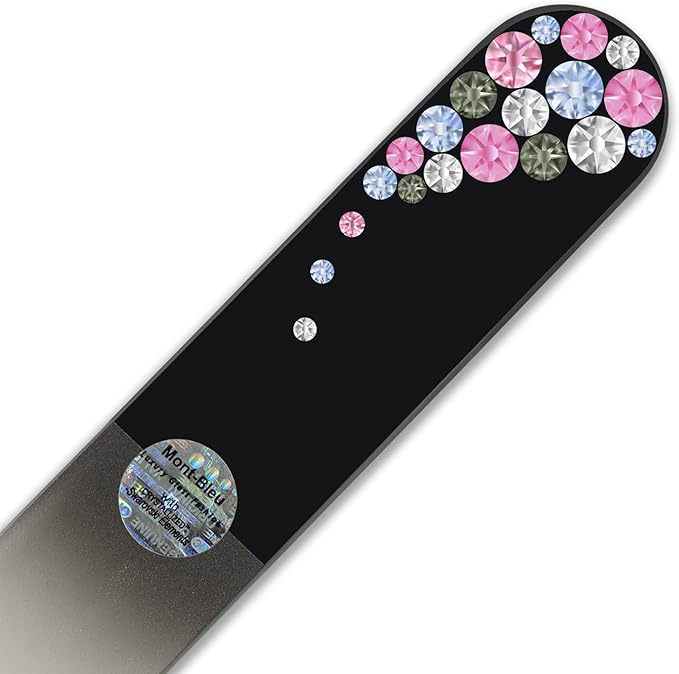 Large Size Glass Nail File Hand Decorated with Swarovski Elements, in Black Velvet Sleeve, Genuine Czech Tempered Glass, Lifetime Guarantee, Hand-Made Crystal Nail File