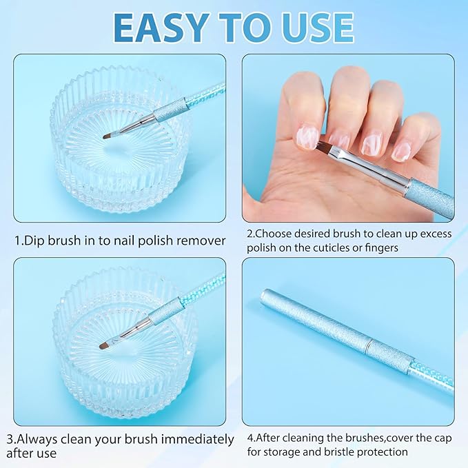 Pearl Blue Nail Art Clean Up Brushes for Cleaning Polish Mistakes on the Cuticles, Acetone Resistant Nail Brush, Fingernail Cleaning Brushes for Nail Art and Designs (Round&flat&Bevel)