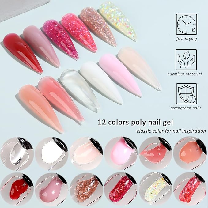 Poly Gel Nail Kit with UV Light, 12 Colors Builder Gel Nail Extension Kit for Beginners with Everything, Dual Nail Forms Slip Solution Chunky Glitter Poly Gel Nail Art Design Starter Kit