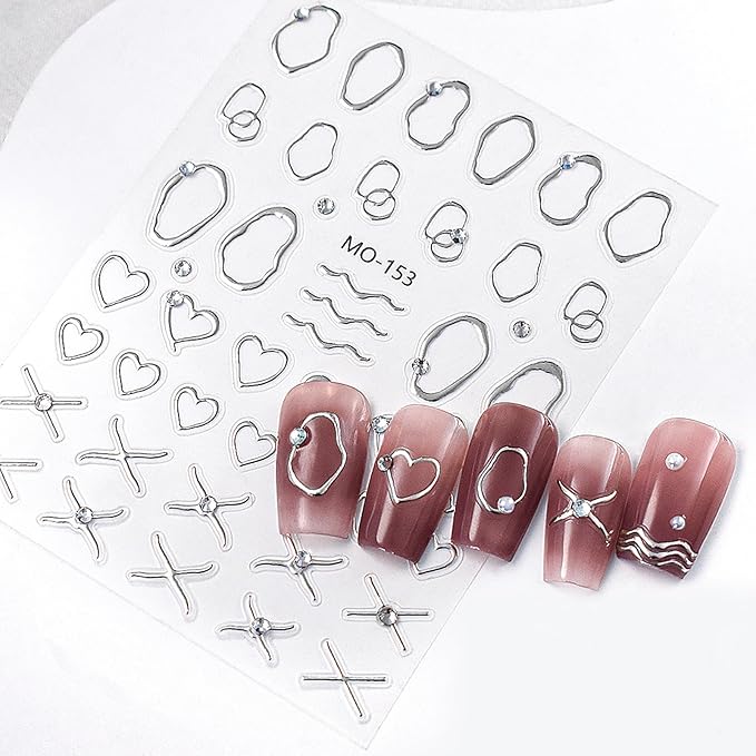 2 Sheets Irregular Bronzing Nail Art Stickers 3D Self Adhesive Gold Silver Frame Nail Stickers with French Line Rhinestone Nail Decals Circle Engraved Manicure Decals for Women Girls Nail Decorations