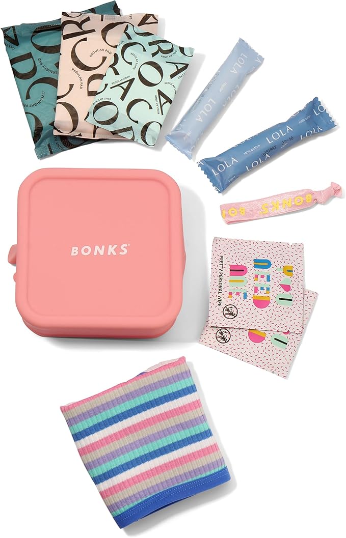 BONKS GoGo Kit - Emergency Tween Period Kit - Portable Menstrual Pouch for Women - Essential Women's Travel Kit - Includes Pads, Tampons, Underwear & More - Female Hygiene Care - S/M (12-14)