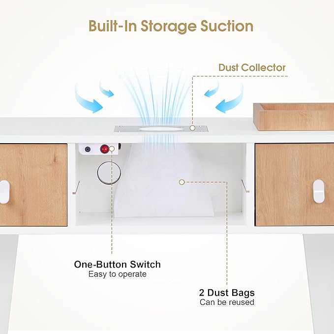 BarberPub Manicure Table with Electric Dust Collector & 2 Dust Bags, Beauty Nail Art Desk with Built-in Socket, Salon Nail Supplies Storage Workstation with Nail Vacuum Cleaner VC232 (White&Teak)