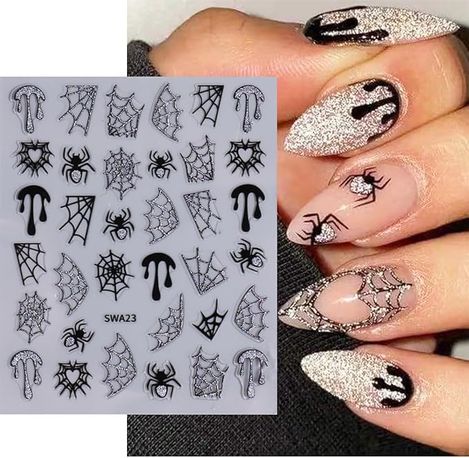 6 Sheets Spider 3D Self-Adhesive Gold Silver Red Web Star Design Decals for Women Halloween, Holiday & More: French Nail Art Supplies & Rhinestones Nail Art Charm