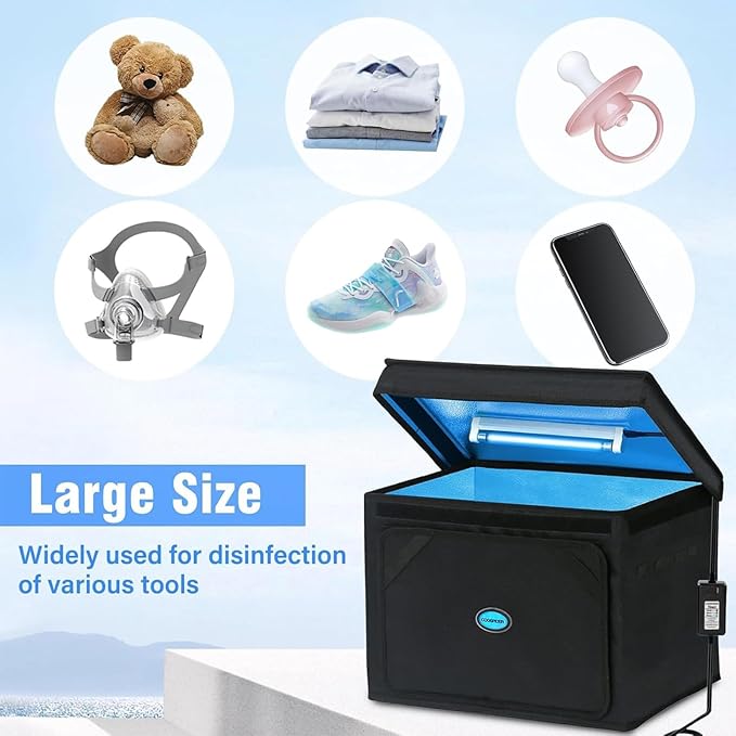 Large UVC Sanitizer Box Ozone Free, Foldable Cleaner Bag with Timer, 36L/9.5gal UV Light Bulb Black Tote for Shoes, Cell Phone, Baby Bottle, Key, Towel
