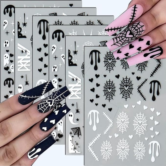 6Pcs Halloween Nail Stickers 3D Spider Web Nail Decals DIY Self Adhesive Ghost Cobweb Nail Design Halloween Nail Decoration Supplies Holiday Manicure Accessories for Women Girls