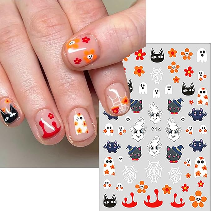 8 Sheets Halloween Nail Art Stickers - Cute Ghost Pumpkin 3D Self Adhesive Decals - Glitter Flower Spooky Design Gothic Bat for Women DIY Manicure Supplies