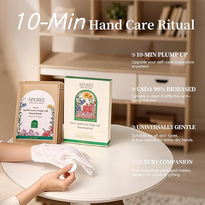 Apuree Anti Aging Hand Mask Gloves: 10-Minute Repair& Extra Moisture (5*30g)| for Severely Dry & Cracked Hands | Luxury Home SPA & 7 Peptides Collagen| All Skin Types| Vegan & Cruelty Free| Gift Set