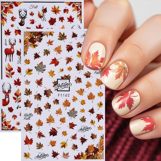 Fall Nail Art Stickers 6PCS Autumn Maple Leaf Nail Decals Fallen Leaves Elk Design 3D Self-Adhesive Nail Art Supplies Fall Leaf Deer Nail Accessories for Women Thanksgiving Day DIY Manicure Decoration