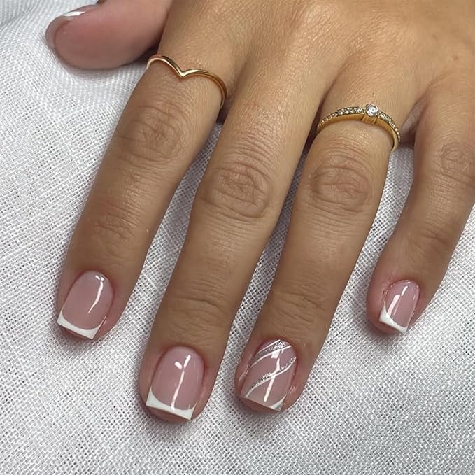 French Press On Nails Short Square, Nude Fake Nails with White French Tips, Delicately Adorned with Silver Streaks, Glossy Gel Finish, Thick Natural Reusable Glue On Nails Kit for Women 24Pcs