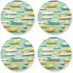 White and Yellow Boats in Green Lake Pattern Absorbent Coaster by KLL