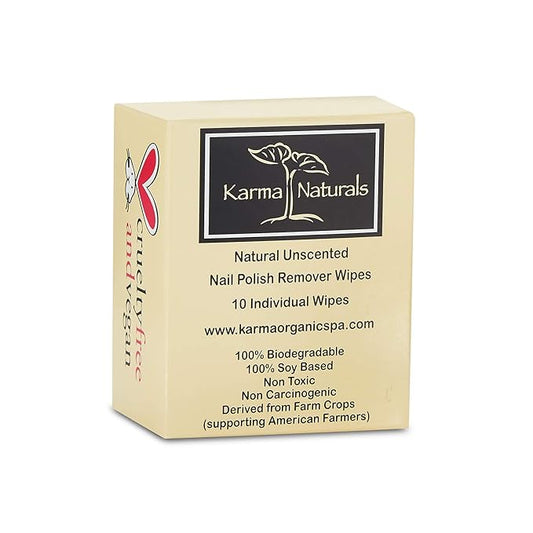 Karma Organic Unscented Nail Polish Remover Wipes, 100% Soy Based, Non-Toxic, Vegan, Cruelty-Free – Pack of 10