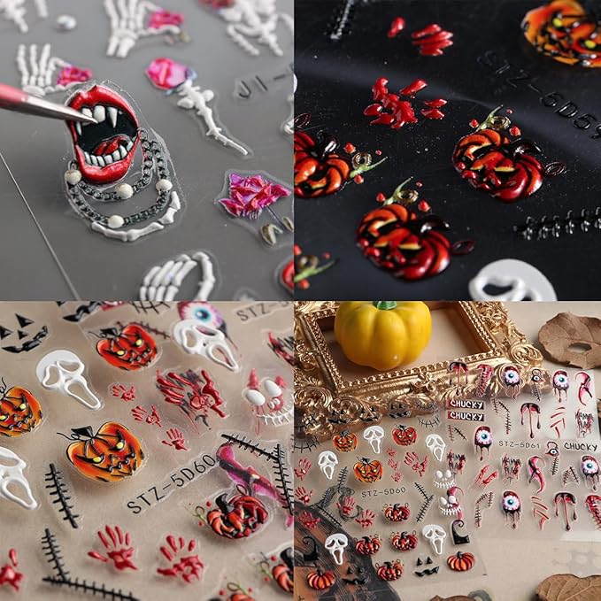 8Sheets Halloween Nail Stickers for Nail Art 5D Embossed Skull Ghost Nail Decals Self-Adhesive Pumpkin Spider Bat Eyes Skeleton Designs Horror Goth Nail Art Stickers for Women DIY Manicure Decoration
