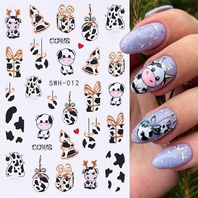 8 Sheets Christmas Nail Art Stickers - 3D Clock Glitter Firework Balloon Design, Candy Cane Cute Cartoon Cow Light Decals for Winter Xmas and New Year's - Supplies for Women Girls