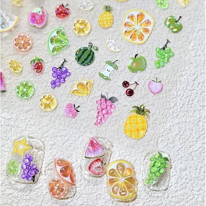 1 Sheets Summer Fruit Nail Art Stickers 5D Self-Adhesive Jelly Embossed Watermelon Grape Grapefruit Nail Decals Cute Pineapple Strawberry Cherry Nail Stickers for Women Girls Nails Decoration