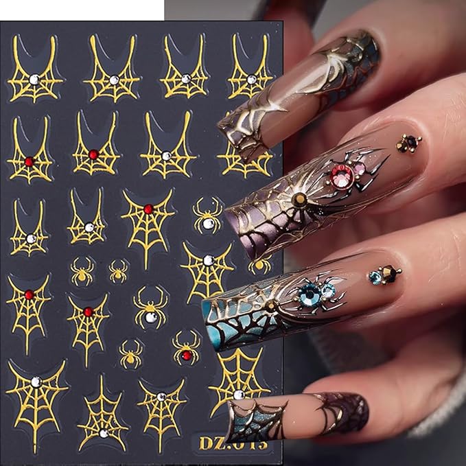 4Pcs Halloween Nail Art Stickers Decals with Rhinestones Design Spider Web Nail Stickers Glitter Gold Silver White Bow Spider Nail Decals Goth Nail Art Supplies Halloween Decoration for Manicure