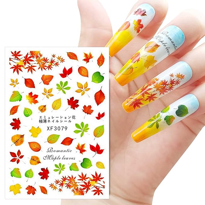 12 Sheets Fall Thanksgiving Maple Leaf Nail Art Stickers Decals Self Adhesive Pegatinas Uñas Autumn Pumpkin Leaves Design Manicure Tips Nail Decoration for Women Girls