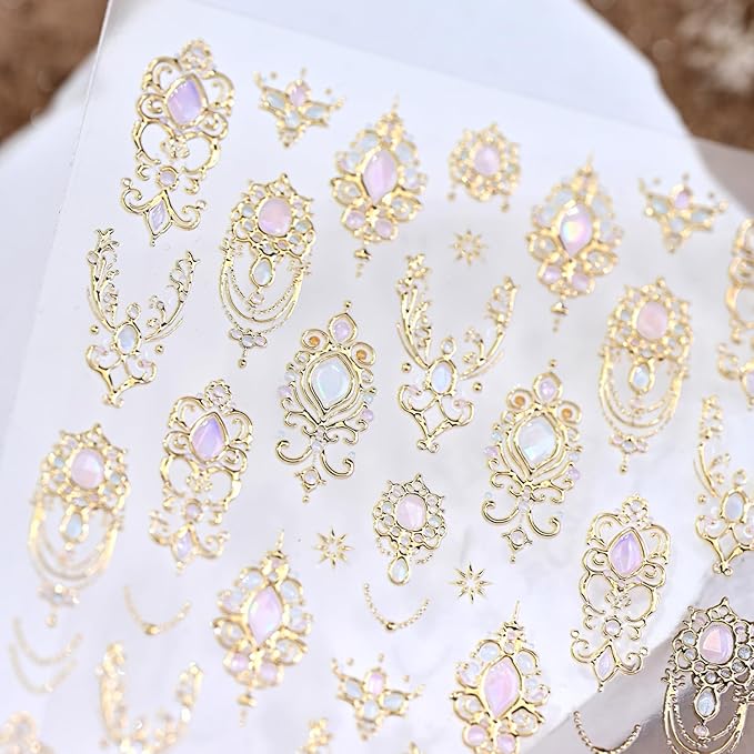 1 Sheets Gold Nail Stickers for Nail Art Holographic Laser Embossed Nail Art Stickers Gems Designs Nail Decals 5D Self-Adhesive Summer Fall Nail Decoration for Women Nail Supplies