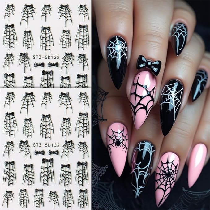 5D Halloween Nail Stickers Spider Web Nail Art Stickers Spider Bow Nail Decals Self Adhesive 3D Nail Design Sticker Cobweb Nails Decorations for Women Girls Manicure Accessories Supplies 2Pcs