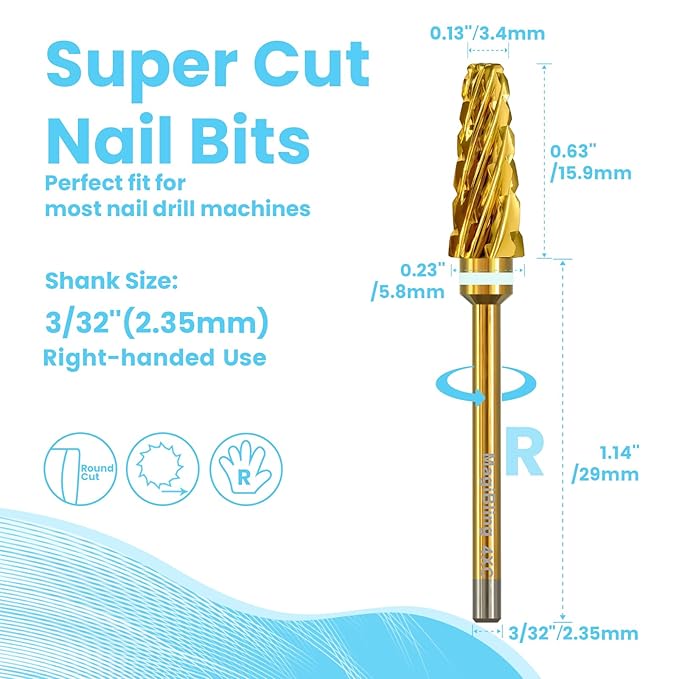 Super Cut 5 In 1 Nail Drill Bits，Tapered 3/32'' Safety Tungsten Bits, Upward Cut for Hard Gel Removal, Right Hand Use, Manicure Cuticle Gel Polishing, Technicians Bits, Gold, Quadruple Coarse.