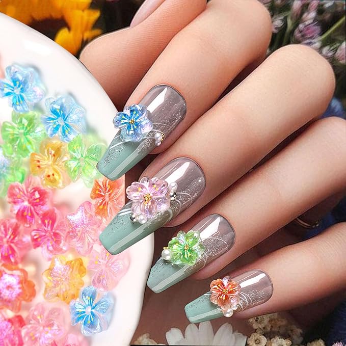 100PCS 3D Flower Nail Charms, Hawaii Colorful Resin Floral Nail Accessories Summer Flat Back Acrylic Manicure Decorations for Women DIY Nail Supplies