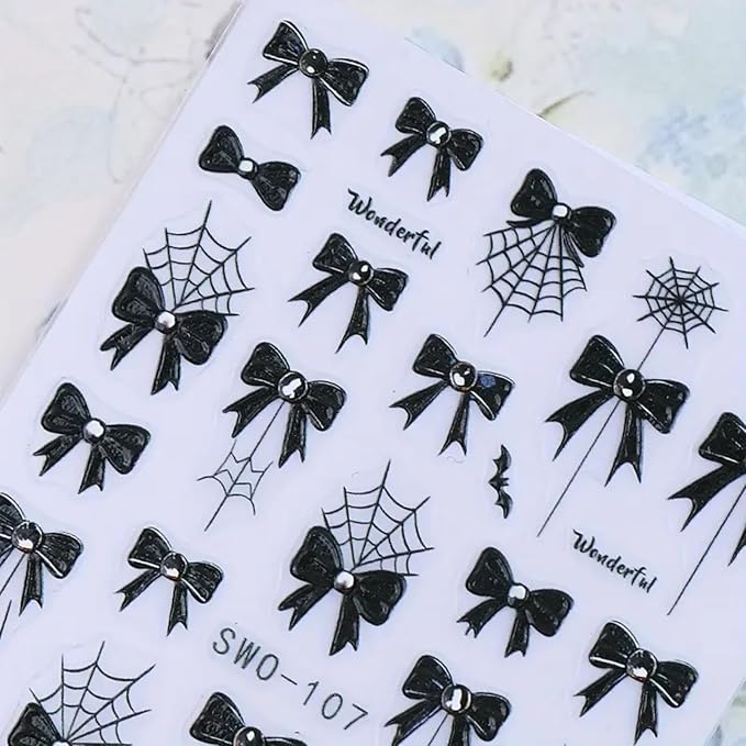 2Pcs Halloween Nail Art Stickers Decals 5D Embossed Halloween Spider Web Nail Decals Black Spider Web Bow Pattern Nail Designs Y2K Style Nail Supplies for Women Manicure Tip Decorations Accessories