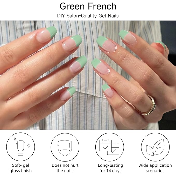 Semi Cured Gel Nail Strips, Green French | 28 pcs Gel Nail Strips Work with Any UV Lamp, Salon Quality UV Nails Stickers, Easy to Apply for Home Nails DIY
