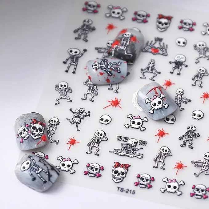 Halloween Skull Nail Art Stickers Decals 5D Embossed Skeleton Nail Decals Self-Adhesive Bloody Skull Heart Nail Art Supplies Horror Hand Bones Halloween Nail Stickers for Women Manicure Decoration