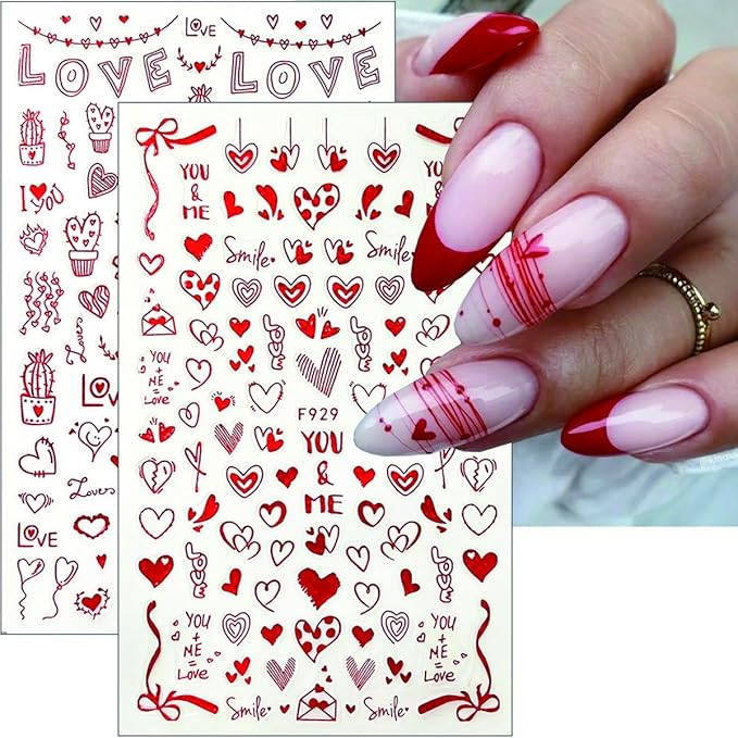 8 Sheets Valentines Nail Art Sticker Red Romantic Heart Nail Decals Personalized Bow Nail Design Stickers Love Letter False Nails Valentines Nail Design Stickers Glossy Nail Art Supplies for Women