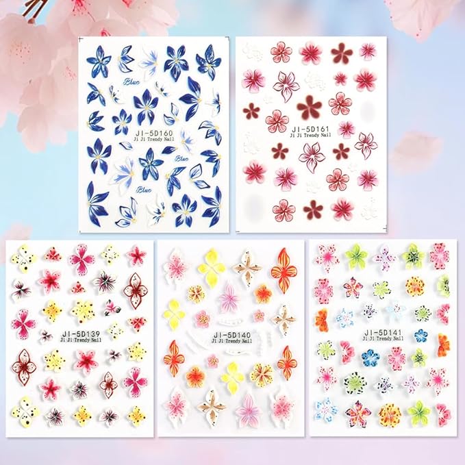 Flower Nail Art Stickers Decals 5D Embossed Nail Decals, 5 Sheets Colorful Flower Spring Summer Hibiscus Lily Floral Nail Art Design Self-Adhesive Nail Supplies Manicure Decorations for Women Girls