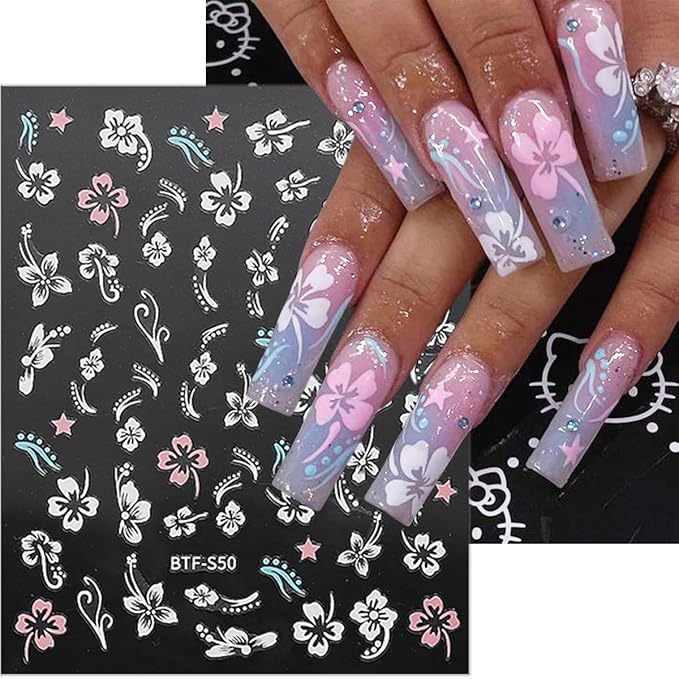 6 Sheets Flower Nail Stickers for Nail Stickers,Self Adhesive Hibiscus Nail Art Stickers 3D Pink White Silver Gold Flower Nail Design Stickers Summer Floral Nail Decals for Women Girls Nail Supplies
