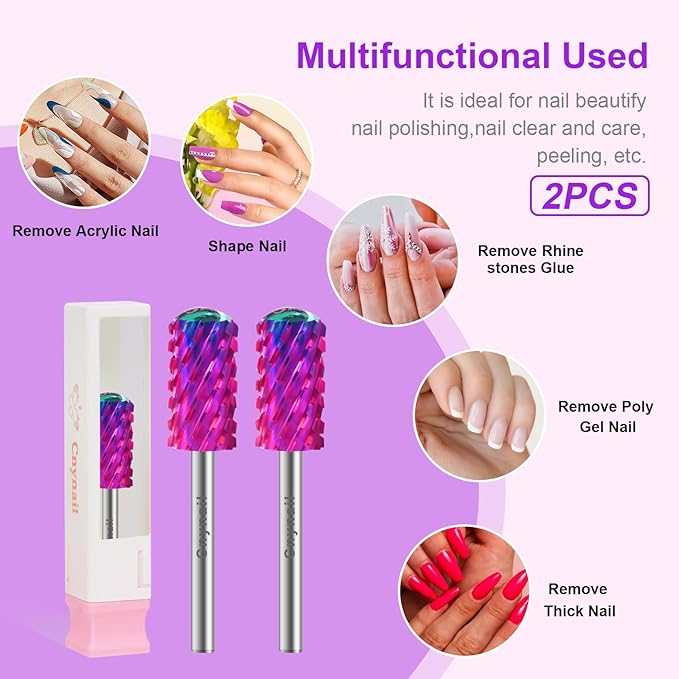 3/32" 2PCS Large Barrel Smooth Round Top Tungsten Carbide Nail Drill Bit Safety Bit for Gel & Acrylic Removal, 2-Way Rotating Efile Tip, Salon Electric File Accessory (3XC Grit, Purple)
