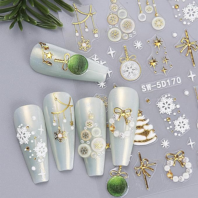 2 Sheets Christmas 5D Embossed Nail Art Stickers for Xmas Trees, Gift, Snowman Nail Decals with Gold, Silver Ball, Reindeer, Elk Designs for Women, Cute Winter Stickers