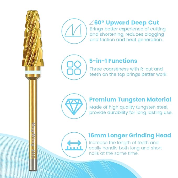Super Cut 5 In 1 Nail Drill Bits，Tapered 3/32'' Safety Tungsten Bits, Upward Cut for Hard Gel Removal, Right Hand Use, Manicure Cuticle Gel Polishing, Technicians Bits, Gold, Quadruple Coarse.