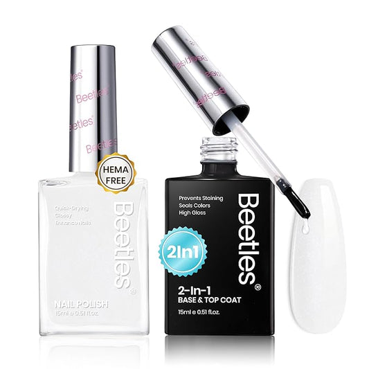 Beetles White Nail Polish - 15ml Milky White Nail Polish with 2 in 1 Base Top Coat Quick Dry & Long Lasting Nail Polish Set Milk Cheese Nail Strengthener Polish Gift for Women Girls