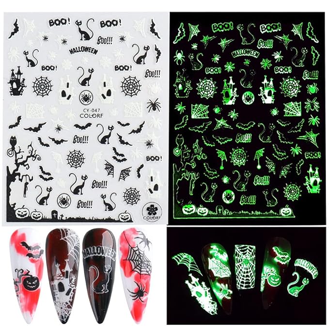 Luminous Nail Stickers - 3D Halloween Nail Art Designs - Skull, Ghost, Pumpkin, Spider, Bat Decals - Self-Adhesive, 6 Sheets