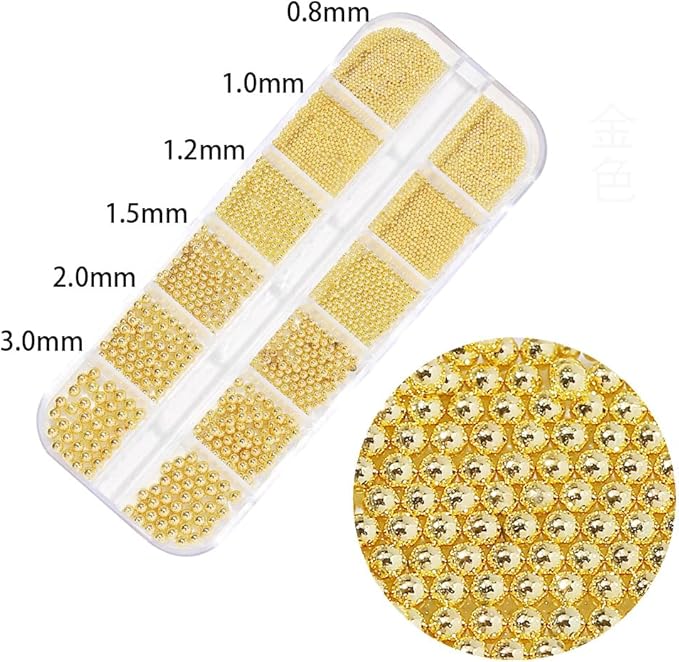 0.8mm Gold Nail Charms Caviar Beads for Nails 6 Sizes Mini Small Stainless Steel Beads Nails Art Decorations Gun Grey DIY Tool Nail Studs Accessories Gold Charms for Nails (Light Gold)