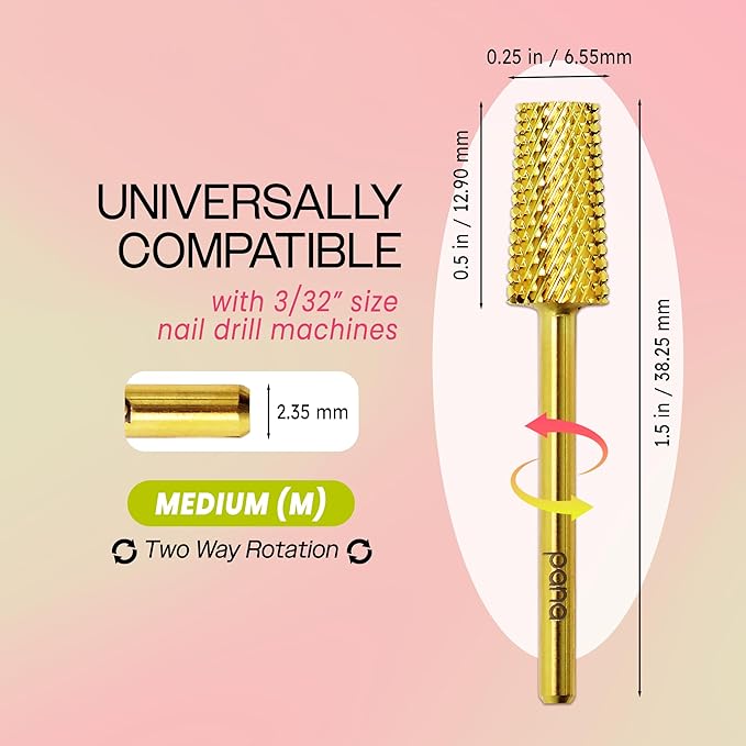 PANA Tapered Barrel Carbide 3/32" Shank Size - (Gold, Medium Grit) - Fast remove Acrylic or Hard Gel Nail Drill Bit for Manicure Pedicure Salon Professional or Beginner