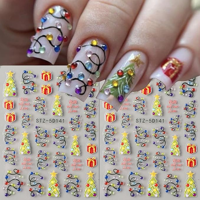 2Pcs Christmas Colorful Light Nail Art Stickers 5D Embossed Nail Decals Neon Lamp Xmas Tree Gifts Design Manicure Sliders Self-Adhesive Winter Nail Art Supplies for Women New Year Nail Decoration